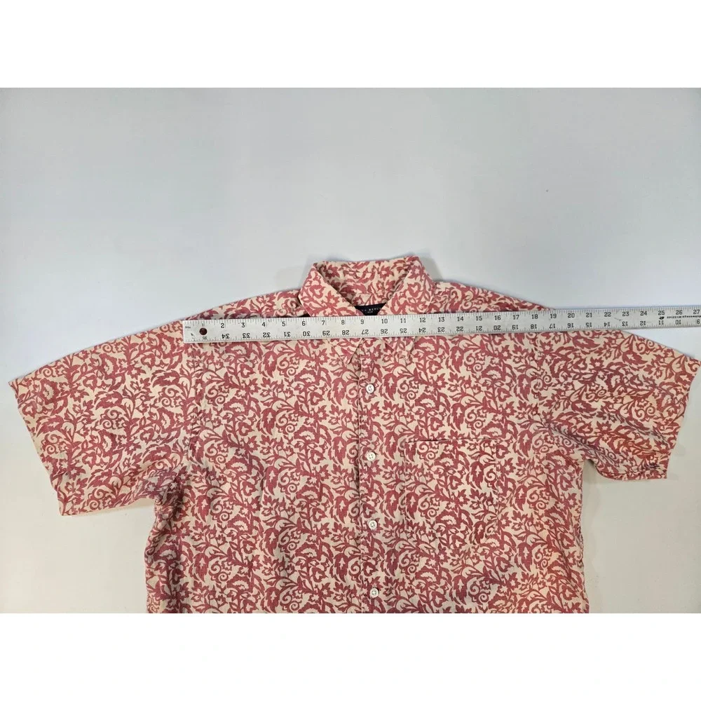 Banana Republic Mens Small Red Cream Damask Scroll Print‎ 100% Linen SS Shirt